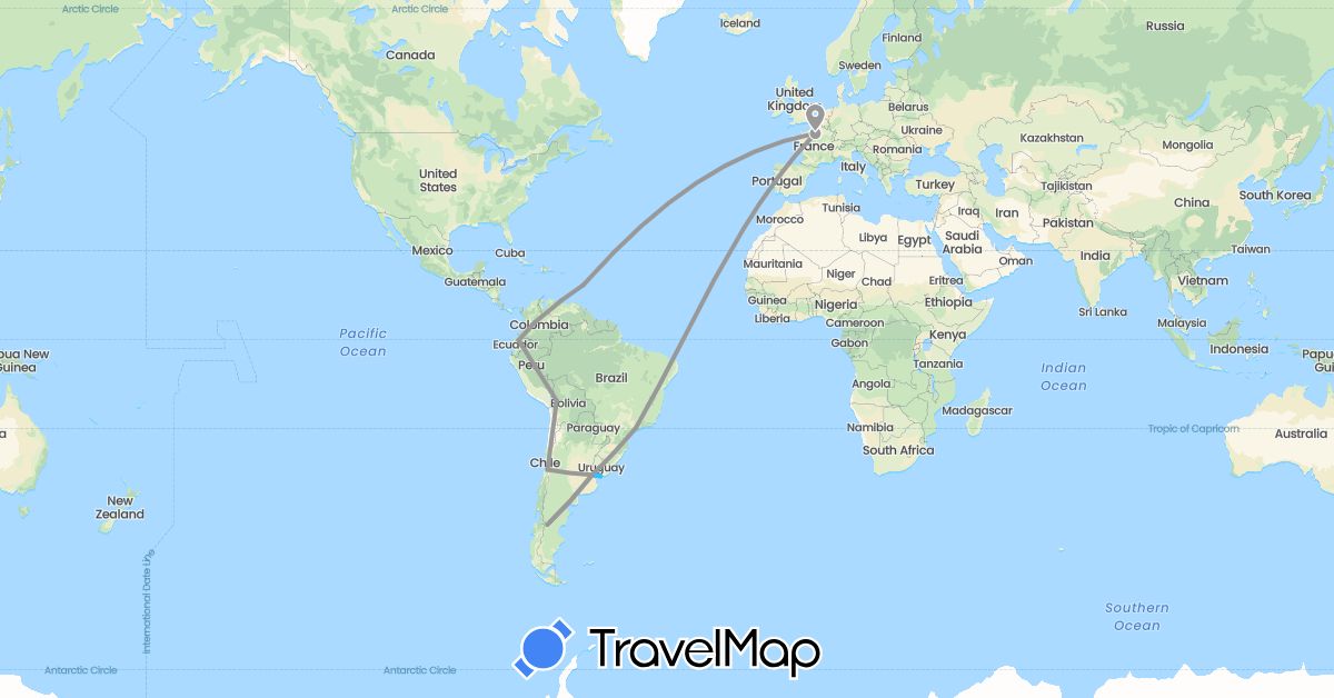 TravelMap itinerary: plane, boat in Argentina, Bolivia, Brazil, Chile, Colombia, Ecuador, France, Uruguay, Venezuela (Europe, South America)